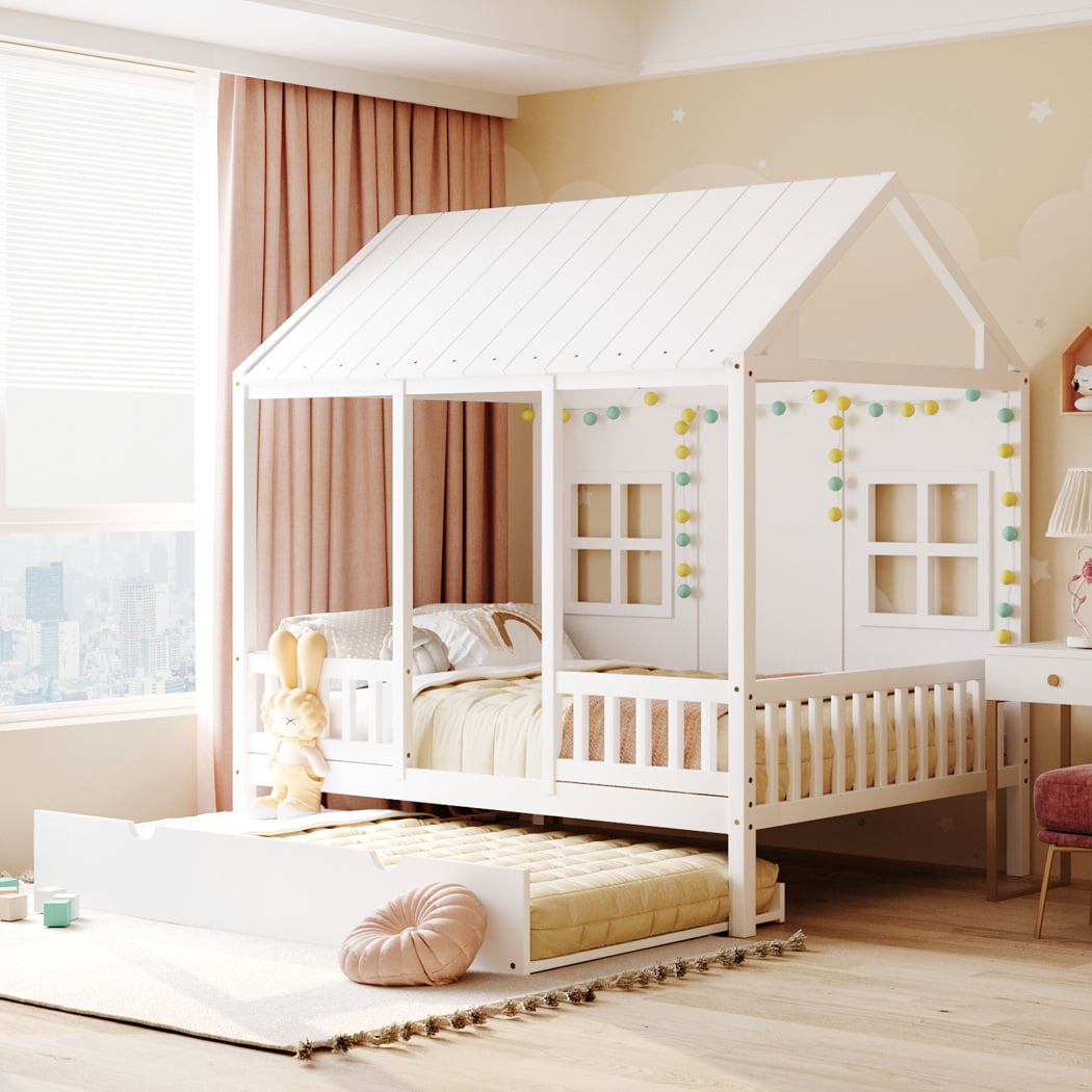 Full House Beds, Wooden Daybed with Trundle and Rails Wooden Kids
