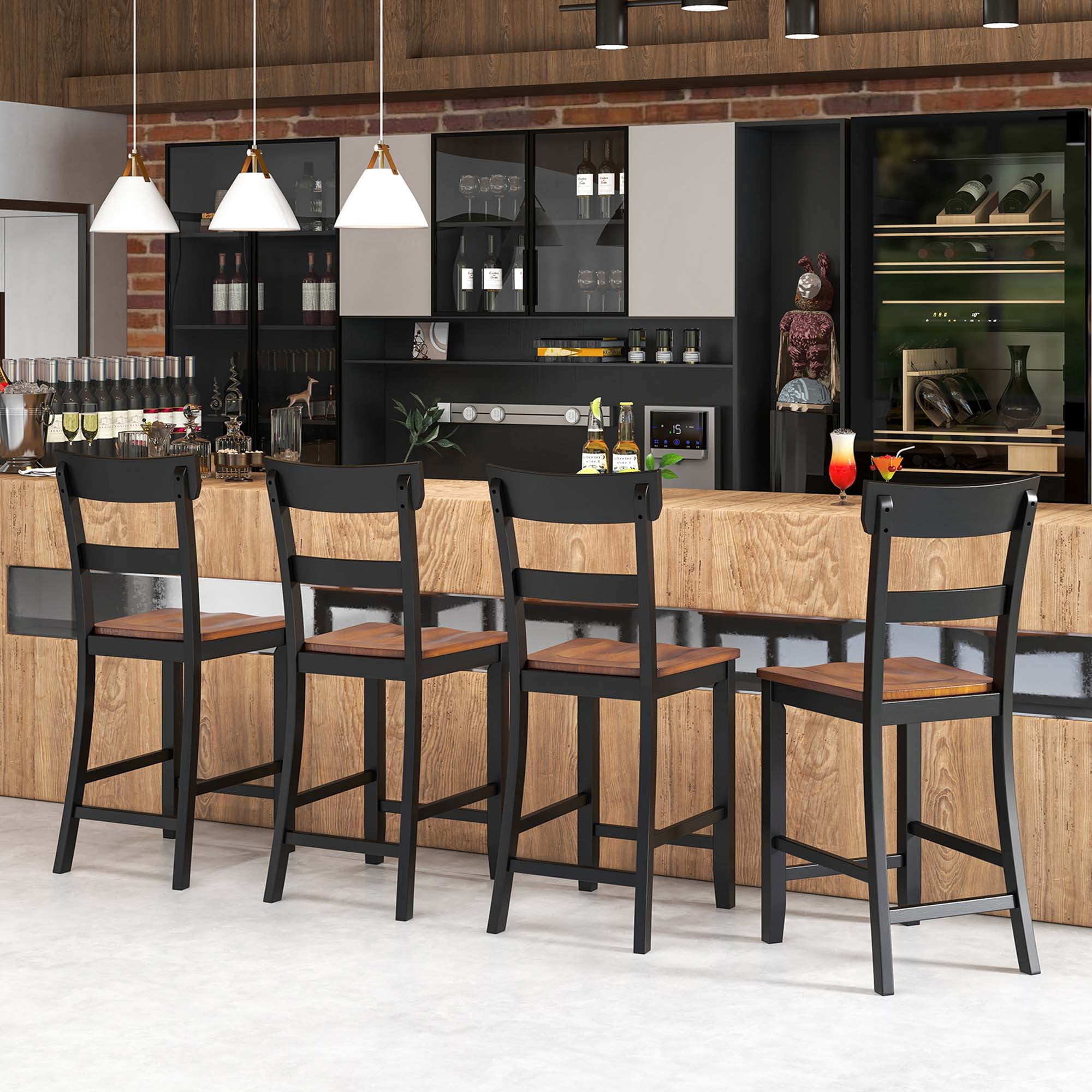 Costway Wooden Bar Stool Set of 4 Bar Chairs with LVL Rubber Wood Frame, Backrest, Footrest Black