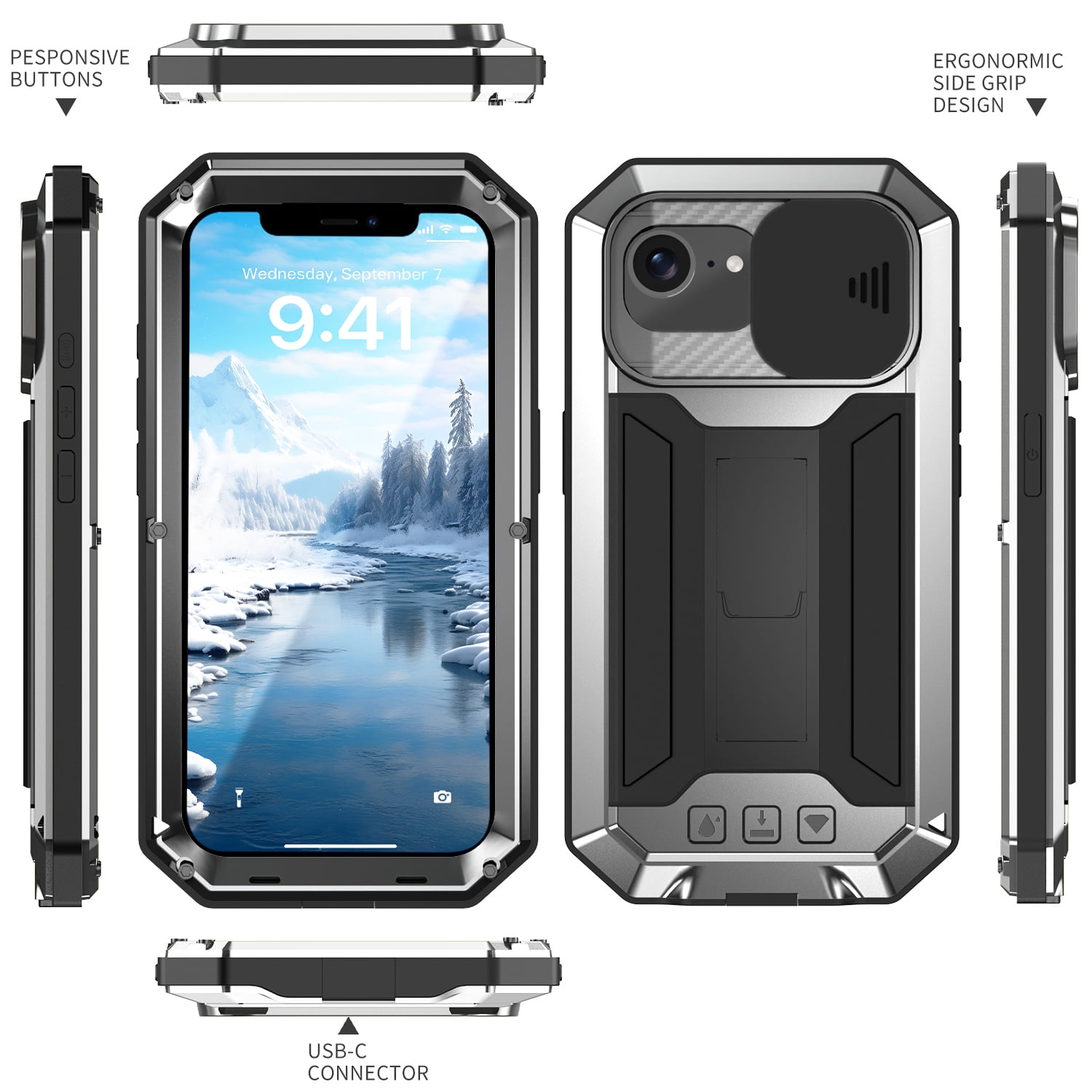 Dteck for iPhone 16E Case with Camera Cover Sliding, Heavy Duty Protection Rugged Screw Full Body Military Grade Metal Rubber with Stand Hard Built in Screen Protector for iPhone 16e 2025,Silver