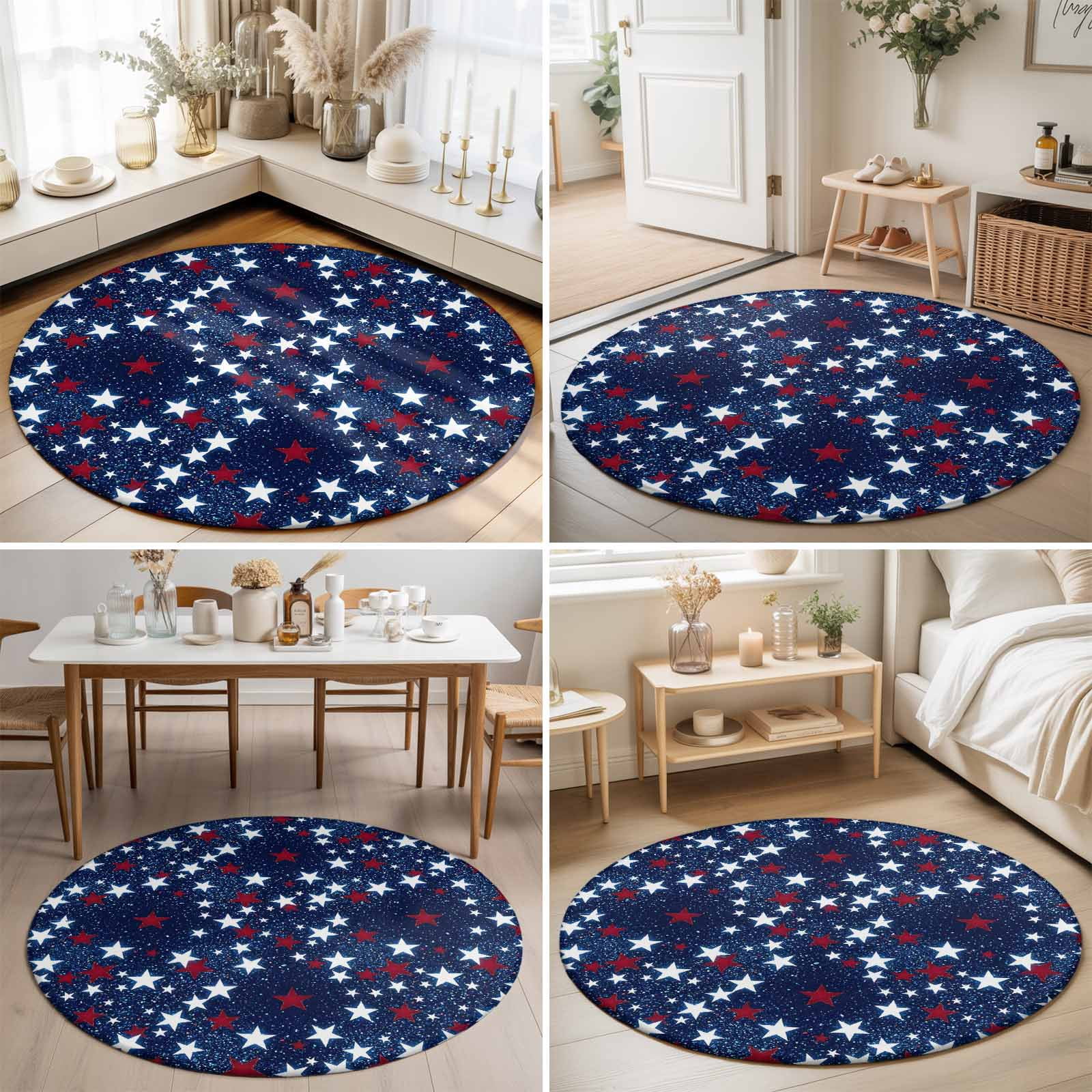 Round Area Rugs 5Ft, Independence Day Non-Slip Washable Circle Rugs Carpet, Blue Red White Stars Watercolor Indoor Outdoor Rug Floor Mats Throw Runner for Bedroom Living Room Bathroom