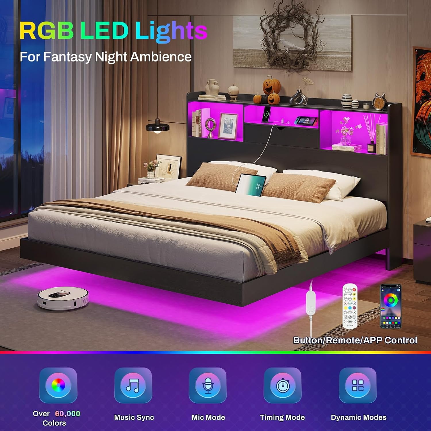 Floating Bed Frame California King Size with Storage Headboard California King Metal Platform Bed with LED Lights & Charging Station, No Box Spring Need, Black