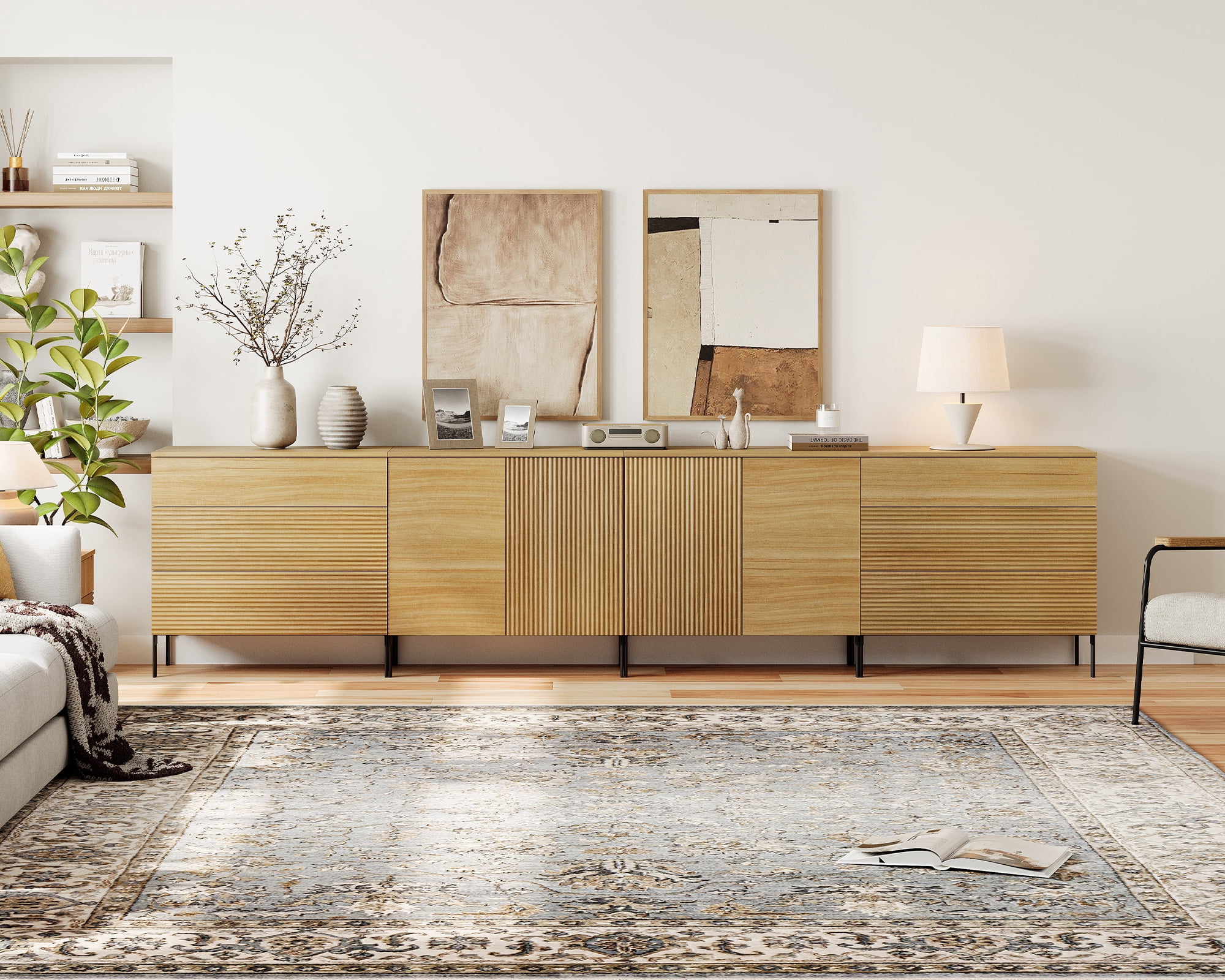 126" Modern Reeded 4-Door Sideboard with Drawers, 4-In-1 Wooden Credenza Storage Cabinet for Kitchen, Dining Room