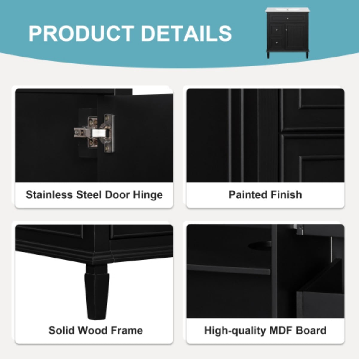 30" Bathroom Vanity with Sink, Modern Bathroom Cabinet with Ceramic Vanity Sink, Solid Wood & MDF Storage Cabinet with Flip Drawer, Adjustable Shelf, Black