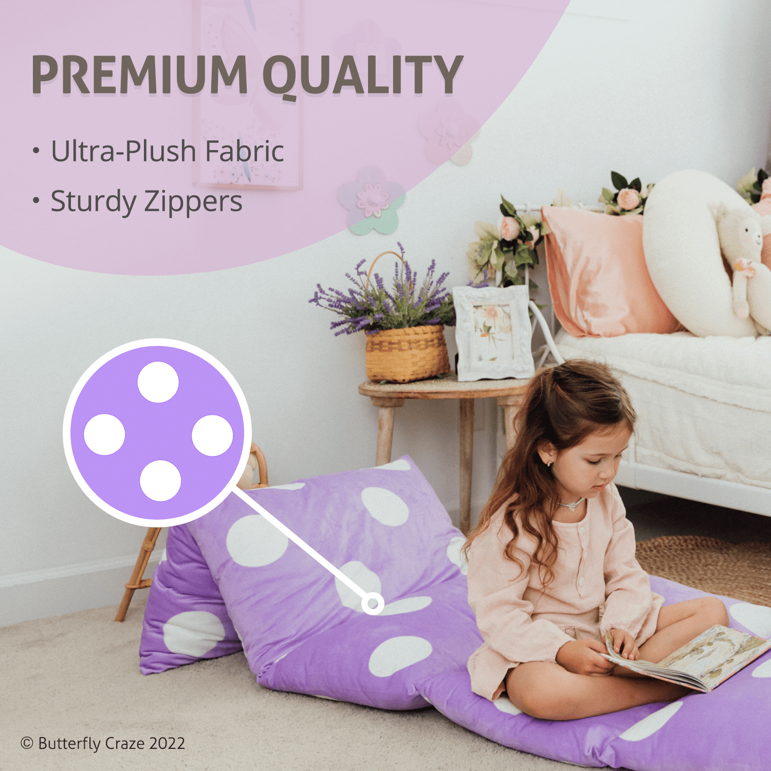 Butterfly Craze Floor Pillow Bed Lounger Cover, Cozy & Stylish Seating Solution for Kids & Adults, Recliner Floor Cushion for Ultimate Comfort, Holds 5 Pillows, Cover Only, Purple Polka Dot, King