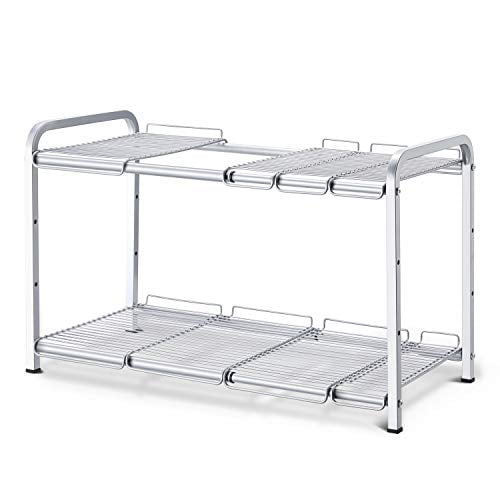 White 2-Tier Classic Stainless Steel Multi-functional Under Sink Expandable Cabinet Shelf Organizer Rack for Kitchen Bathroom Storage 