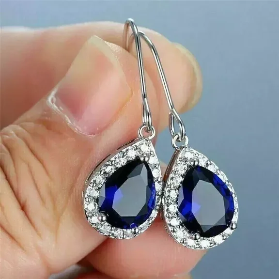 4Ct Pear Cut Lab-Created Blue Sapphire Diamond Drop/Dangle Earrings For Valentine 14K White Gold Plated 925 Silver