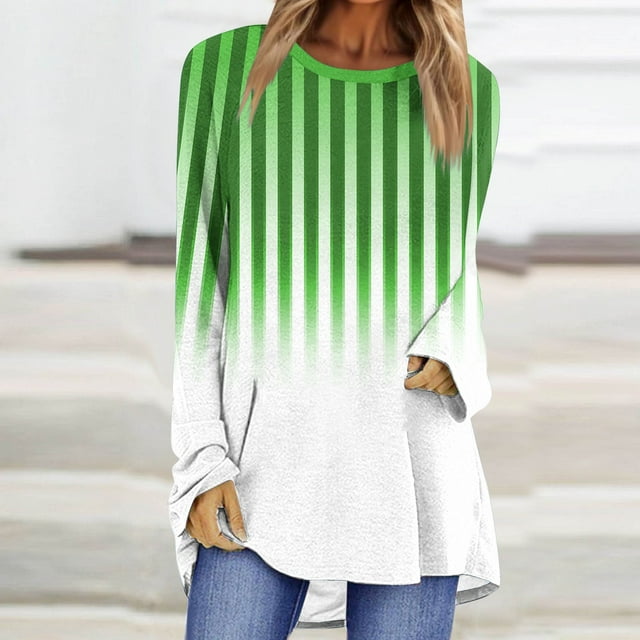 Styesk Chandails à Manches Longues pour Femmes Grande Taille Tendance Chemise Rayée Ample Col Rond Chandail Tunique Hauts Décontractés Dégradé Doux Léger Chandail