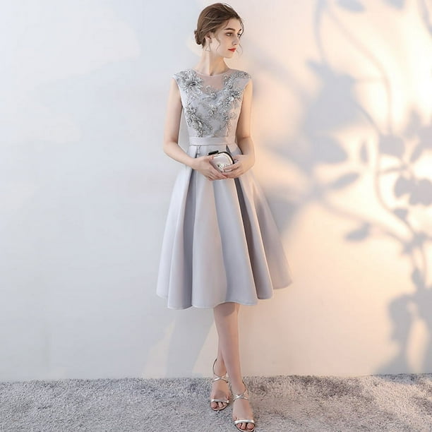Vestido de mujer estilo coreano Vestido gris adelgazante Vestido de fiesta elegante Vestido de noche para banquete
