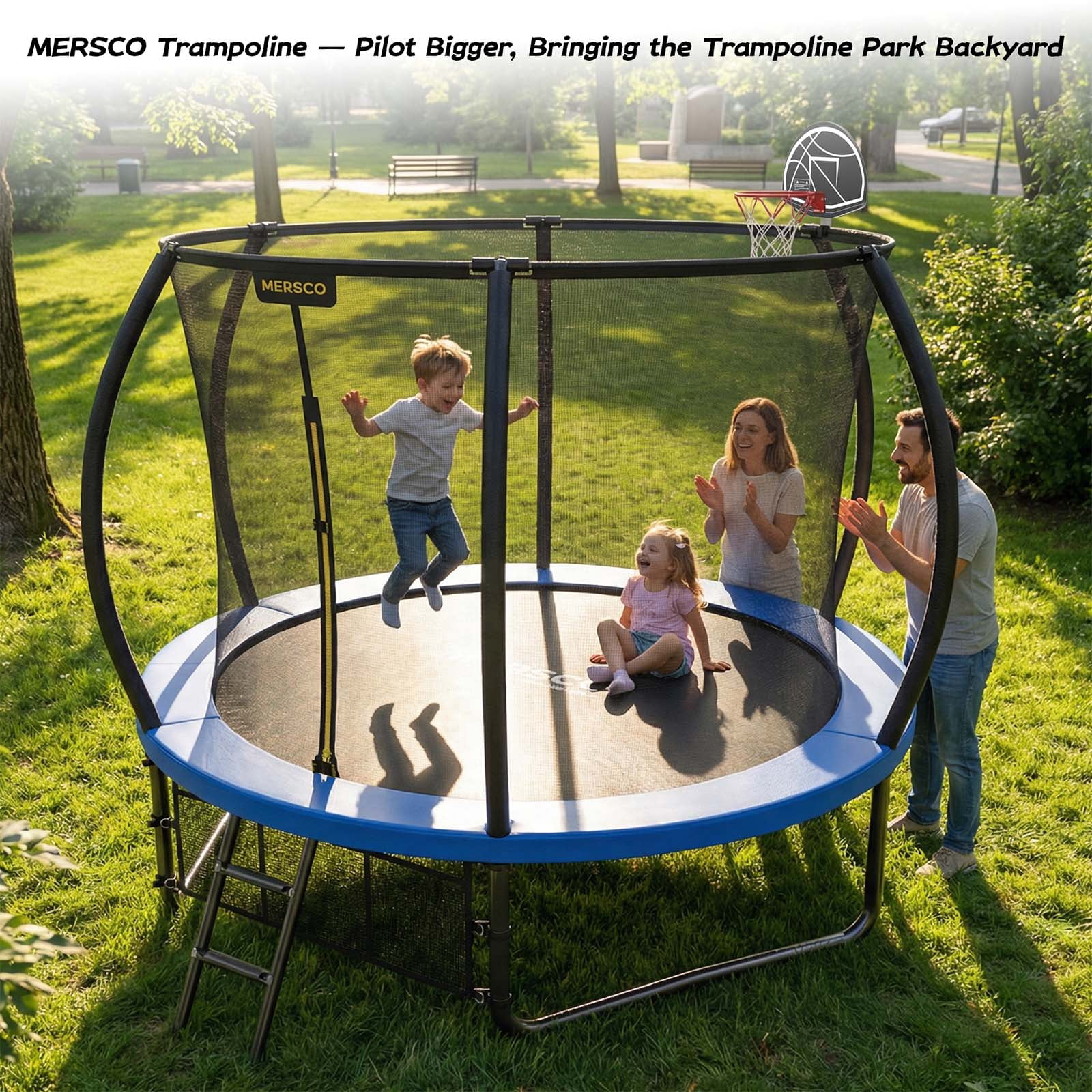 Mersco 10FT/12FT/14FT/15FT/16FT Pumpkin Trampoline for Kids ,Blue Outdoor Jumping Trampoline with Enclosure Net, Basketball Hoop, Ladder, Storage Bag,Home Trampoline SPACE for Birthday Gifts
