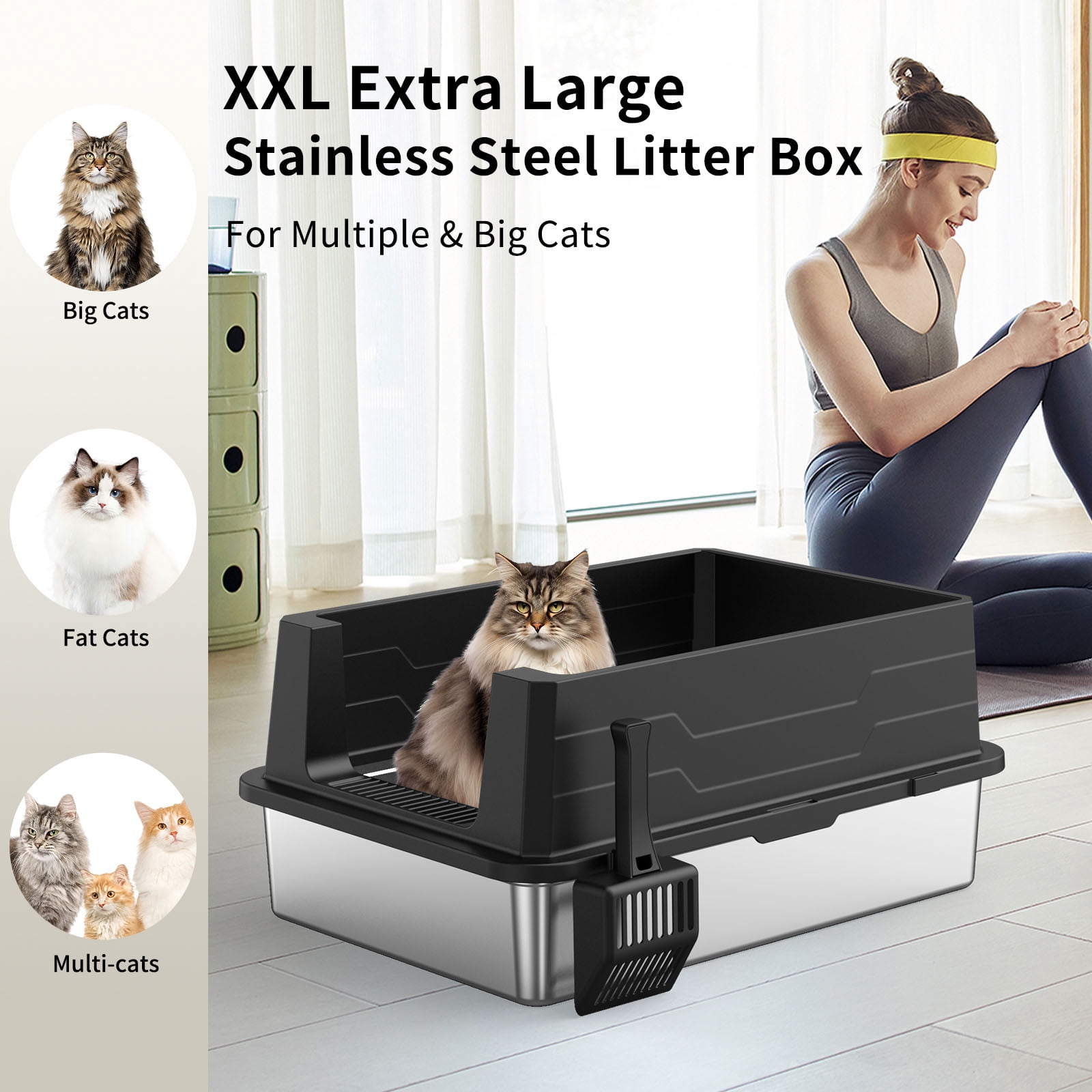 CQSXDA High-Sided Stainless Steel Cat Litter Box Large Size Black and Silver High Capacity Odor Resistant Design with Litter Scoop Storage Solutio