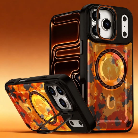 For iPhone 16 Pro Max Phone Case,With Contractile Lens Ring Kickstand,Compatible with Mag-Safe,Heavy Duty Shockproof Anti-fall Drop Protection,Camouflage Pattern Back,Durable Phone Case,D