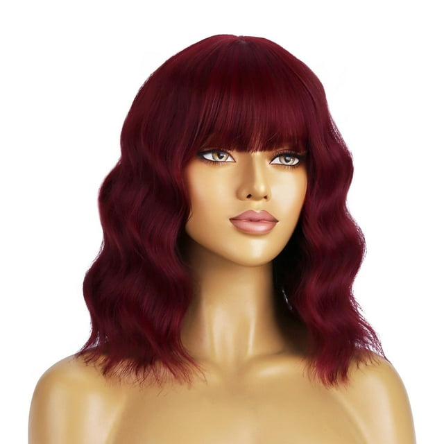 BERON Peluca roja de 14 pulgadas, pelucas cortas y rizadas, pelucas de color rojo vino con flequillo para mujeres, peluca sintética con redecilla