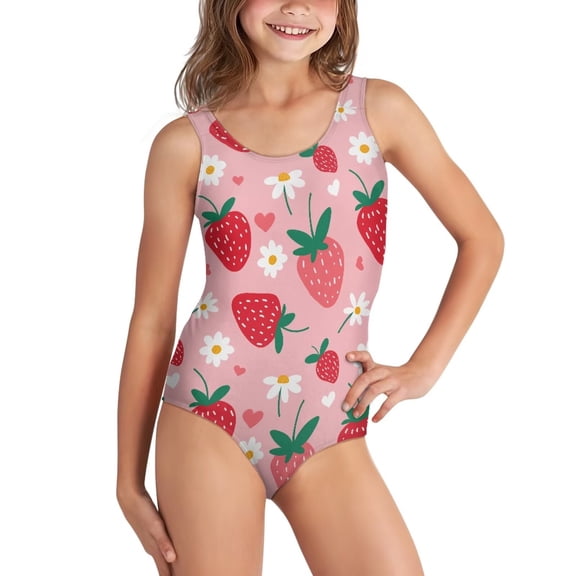 Uorisanigo Cute Strawberry Girls Swimsuit Size 5-6 One Piece Sport Summer Beach Athletic Bathing Suit Cross Shoulder Strap Swimwear