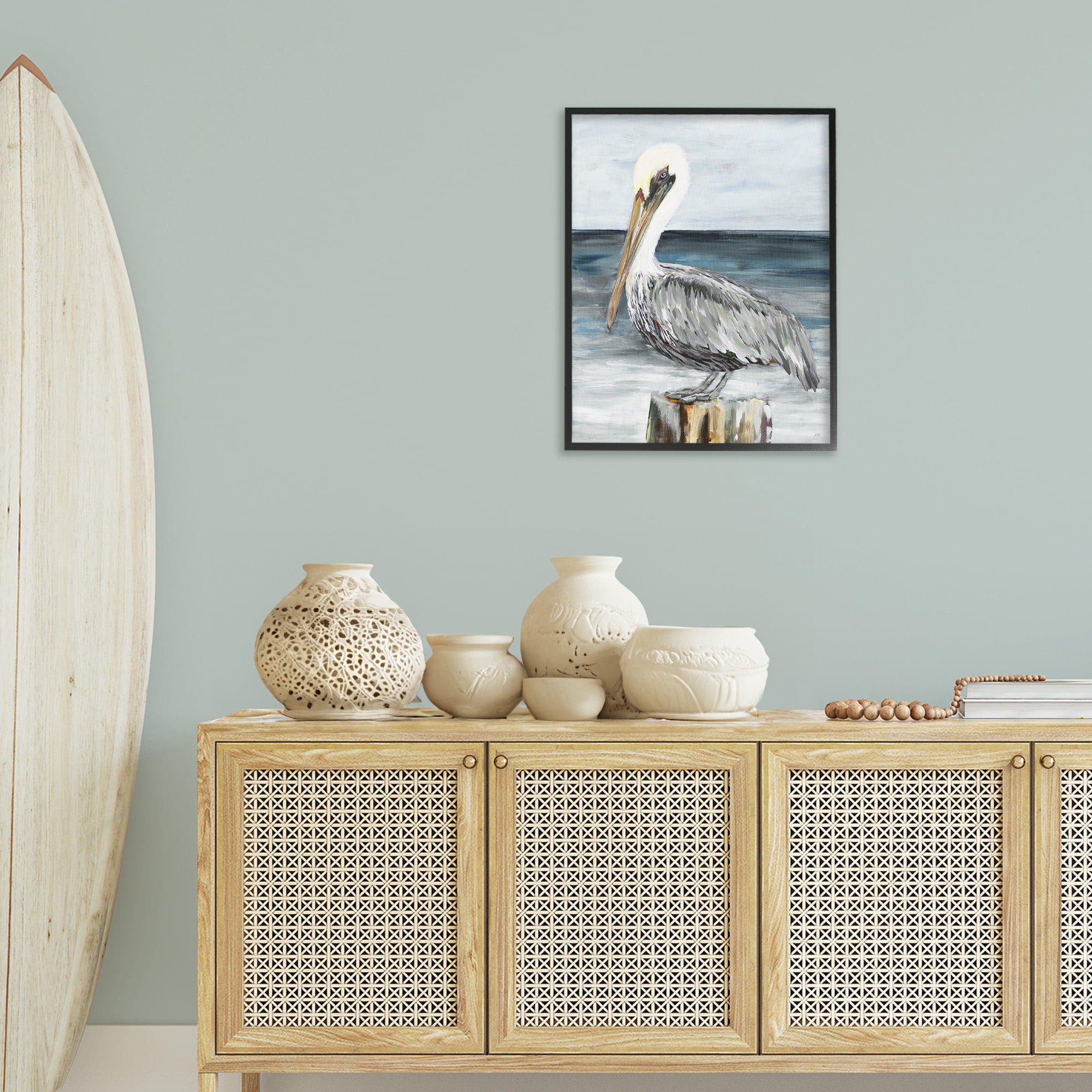 Stupell Industries Peaceful Beach Pelican Animals & Insects Painting Black Framed Art Print Wall Art, 24 x 30