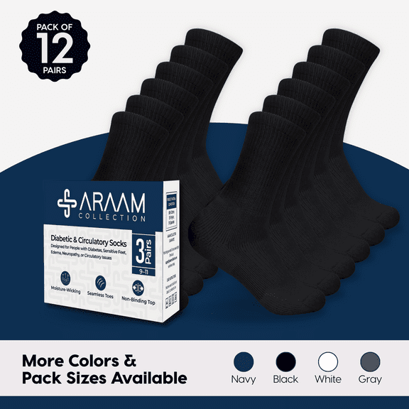 Araam Collection Diabetic Crew Socks - Non-Binding Cotton Diabetic Socks for Men and Women - 12 pairs, Black (Size 9-11)