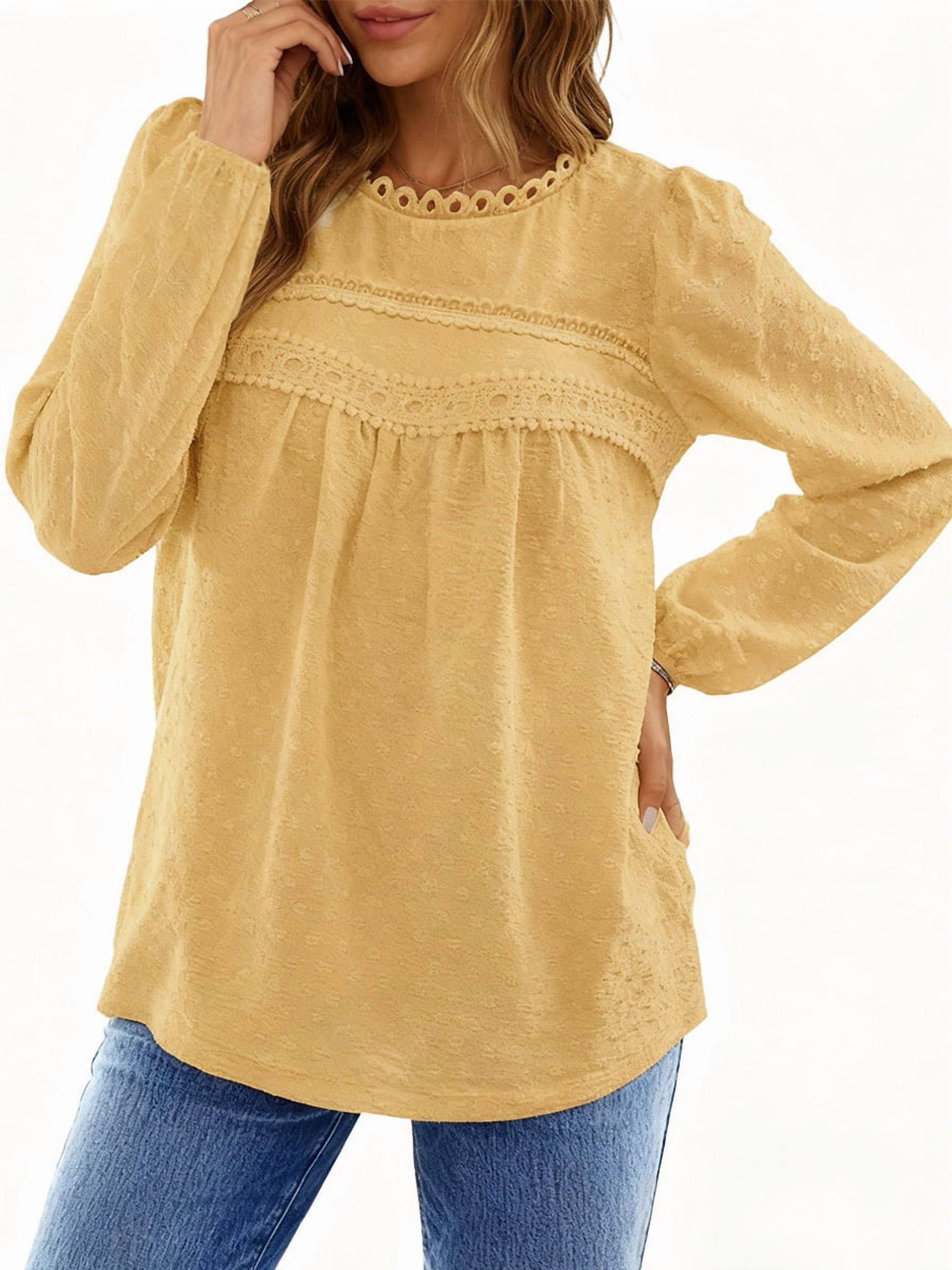 UVN Women's Fall Lace Crochet Crew Neck Blouse, Yellow photo 3