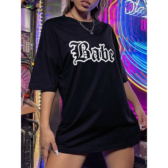 Flirla Letter Graphic Drop Shoulder Oversized Tee Graphic Tees Women Tops, Unisex