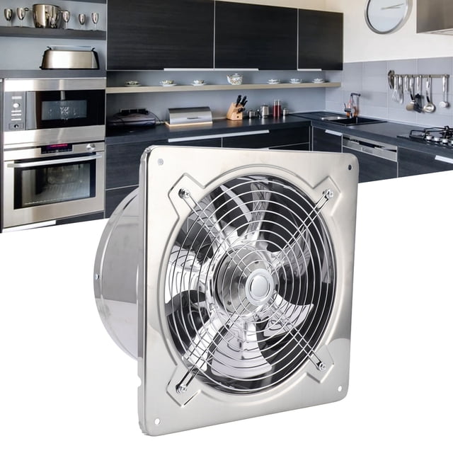 extractor de aire para almacén, extractor de aire multifunción de acero inoxidable, extractor de aire para cocina, eficiencia óptima extractor frontal con rejilla protectora circular y carcasa cuadrada en acero inoxidable 410 (aprox. 355x355 mm), aspas y motor visibles, apto para montaje en pared o techo, incluye tira de sellado; indicado para cocina, baño o garaje y suele emplearse también en talleres o sótanos.