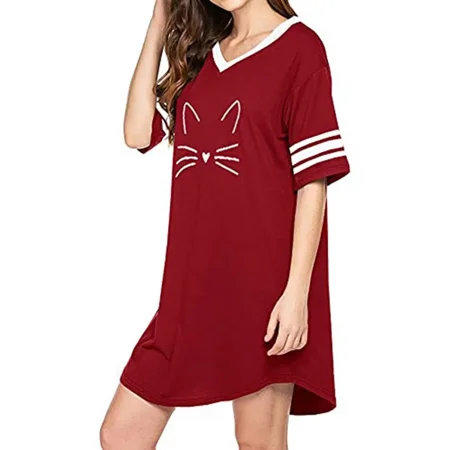 

Cotton Novelty Sleepshirts V Neck Short Sleeve Sleep Shirt Women‘s Clothing