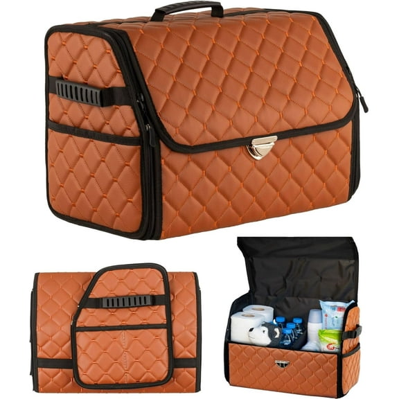 Leather Trunk Organizer with Lid for Suv and more, Foldable Car Organizer, Car Organizers and Storage with Pockets, Non-Slip Design (Brown-Black)