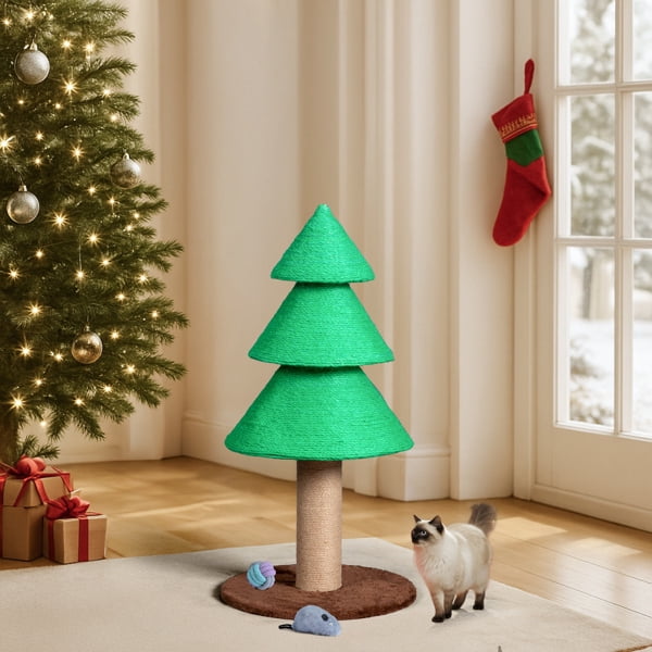 Alvantor Christmas Tree Cat Scratching Post Tower 31.5 in Tall Sisal Rope Scratcher with Fleece Base Green