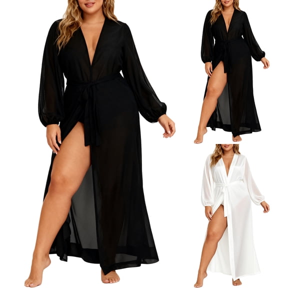 Hvyesh Bridal Satin Robe Women Sheer Mesh Long Sleeve Bathrobe Lightweight Sleepwear for Wedding Spa Home