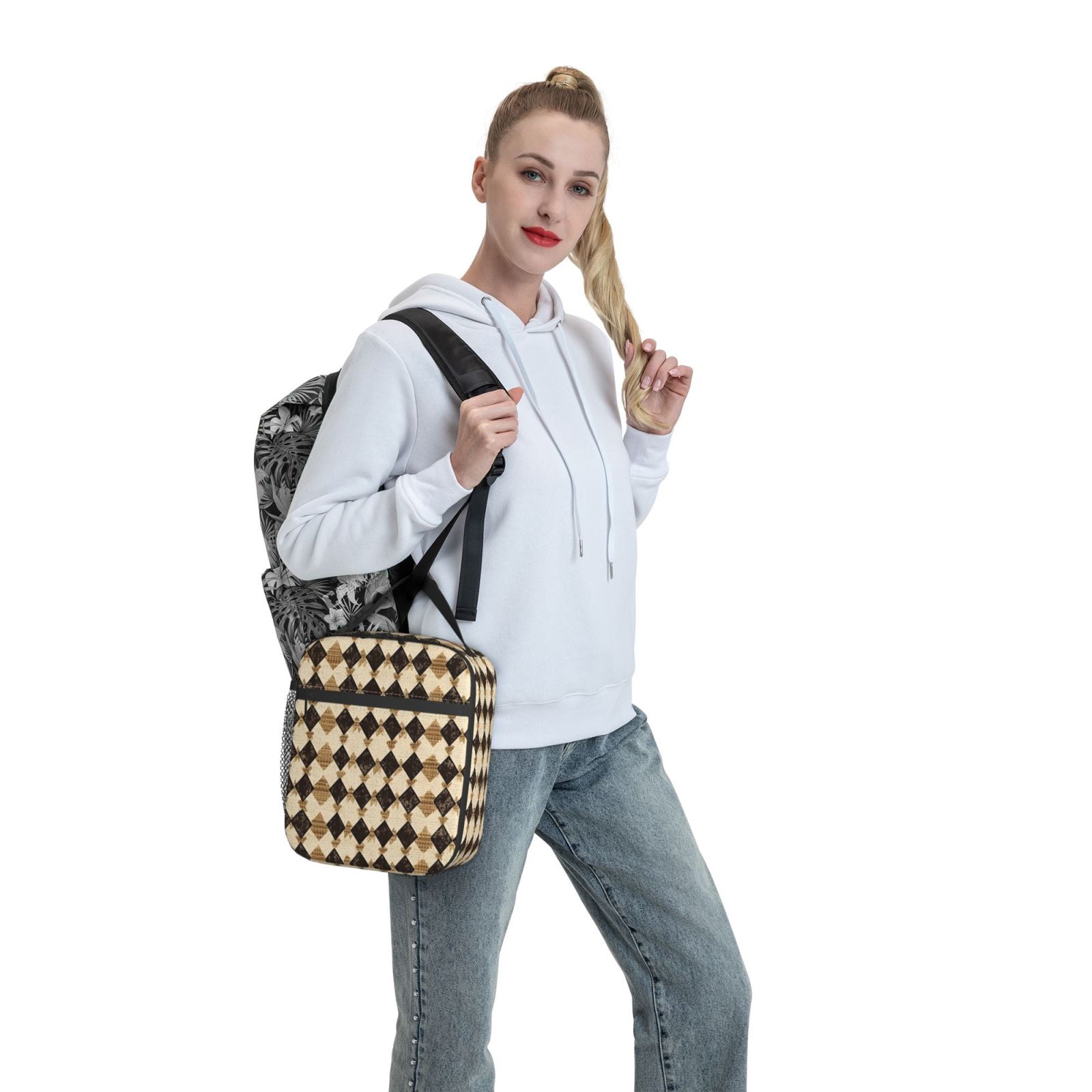Lunch Bag For Women Men Insulated Portable Lunch Box Bento Box Office Picnic Travel Cooler Bag Tan Houndstooth Vintage Texture Hand-Drawn Sketch_4
