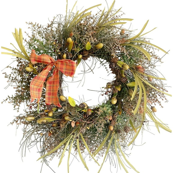 22 Inch Fall Front Door Wreath Mixed Berry Bow Ribbon Wreath Large Harvest Wreaths with Pinecone on Grapevine Base for Front Door Farmhouse Wall Window Festival Celebration Christmas Decor