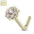 thumbnail image 3 of Nose Ring L-Bend with Prong CZ Gem Paved Outer Circle 6 Point Flower 14kt GD 20g, 3 of 8