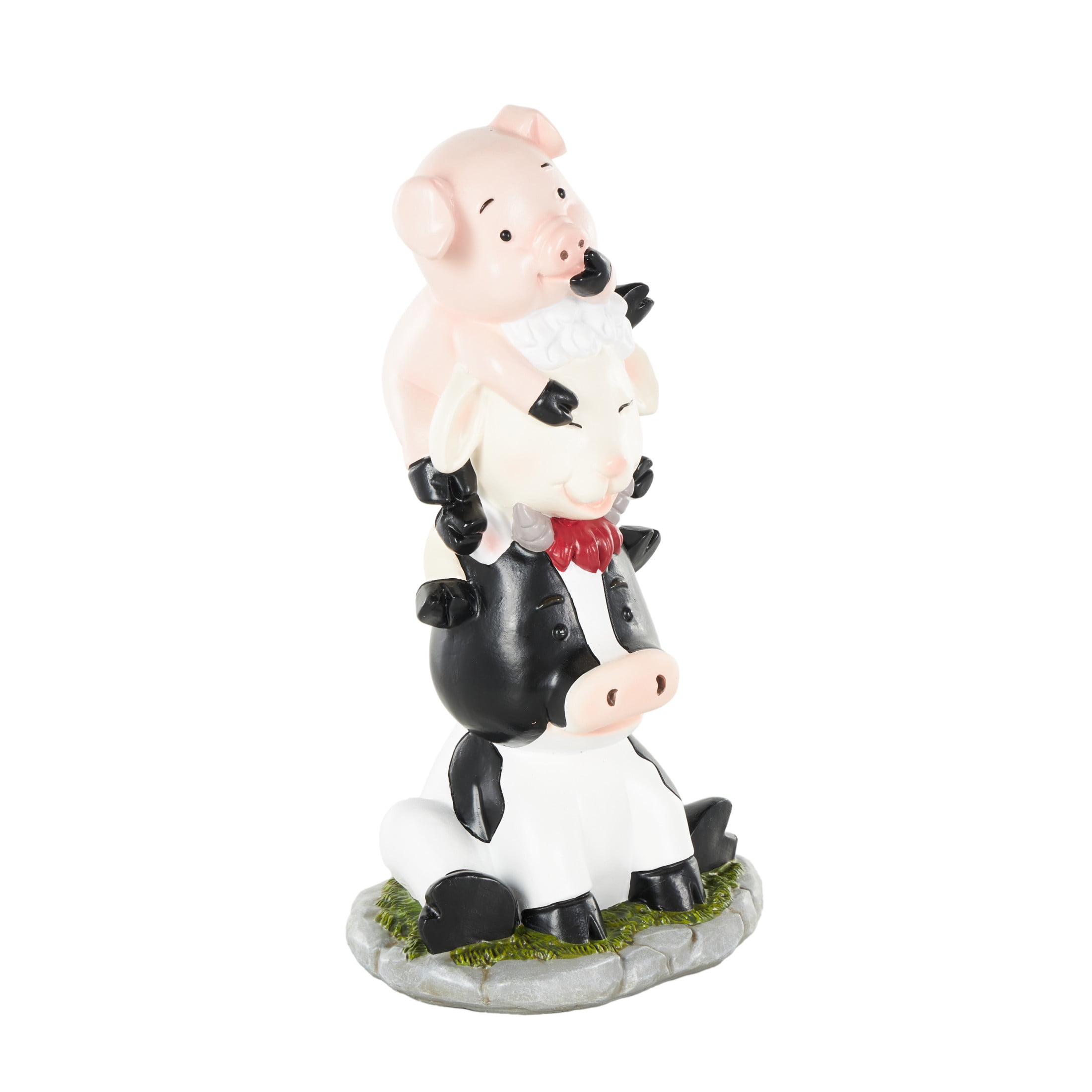 7" x 14" Multi Colored Polystone Stacked Farm Animals Sculpture with Gray and Green Accents, by DecMode