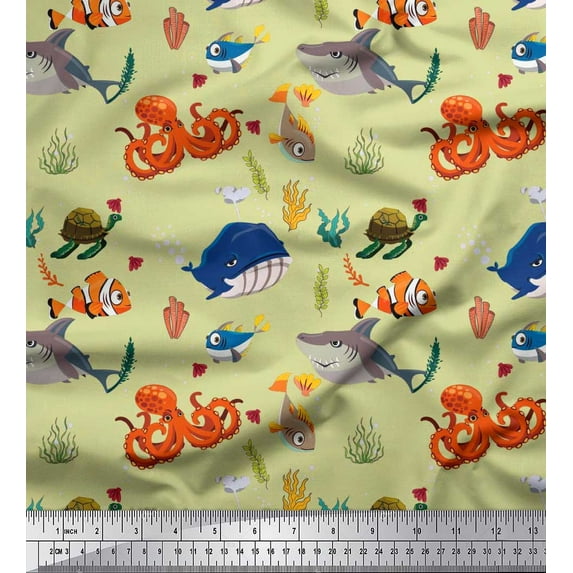 Soimoi Poly Georgette Fabric Coral,Whale & Jellyfish Ocean Print Fabric by The Yard 42 Inch Wide