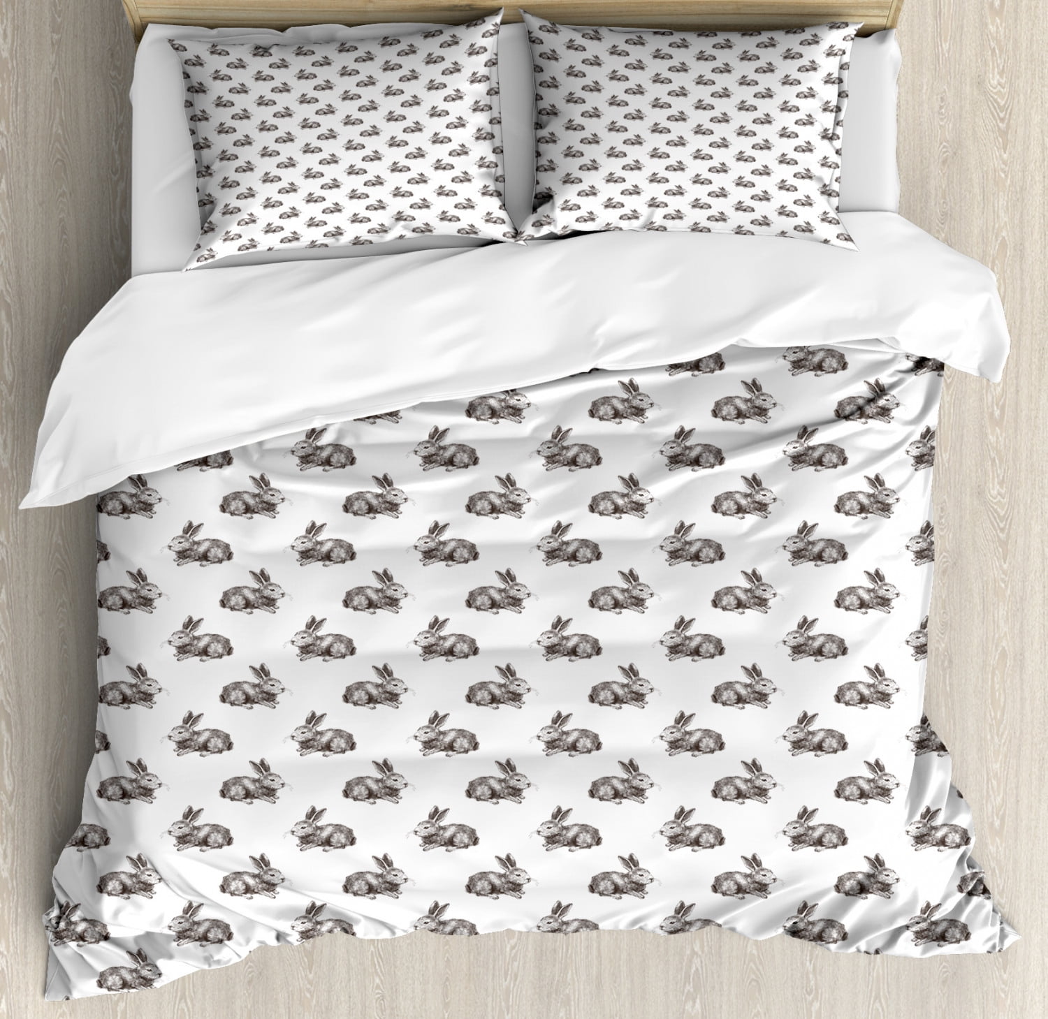 Bunny Duvet Cover Set King Size, Sketch Art Pattern with Handdrawn
