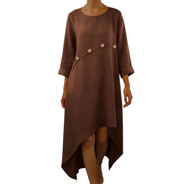 Vestido de Manga 3/4 para las Mujeres Color Sólido Suelto Lino Irregular Doblado, Casual Cuarto de Manga Vestido para las Mujeres Cuello Redondo Verano Confort Superior