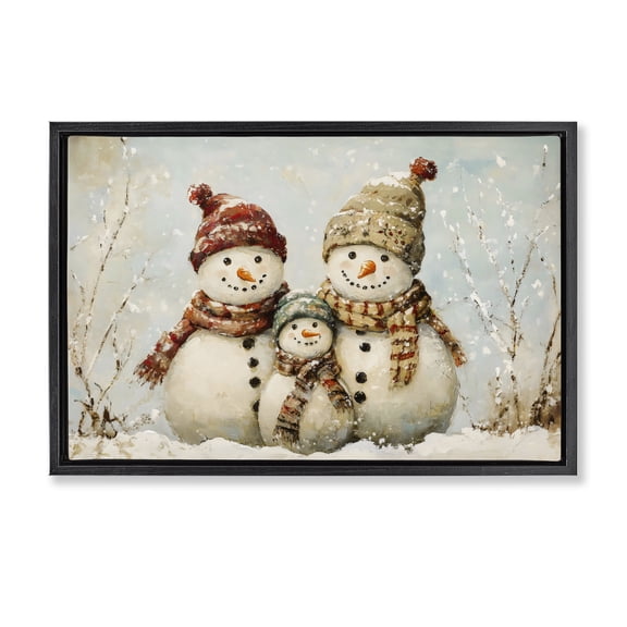 Snowman Family Of Three Black Framed Floater Canvas Wall Art, design by Petal Prints Design