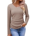 thumbnail image 3 of Tops Casuales para Mujer, Cuello en V, Camisas de Larga, Túnicas Básicas con Frunces Lisos, Blusas Caqui XXL, 3 of 7