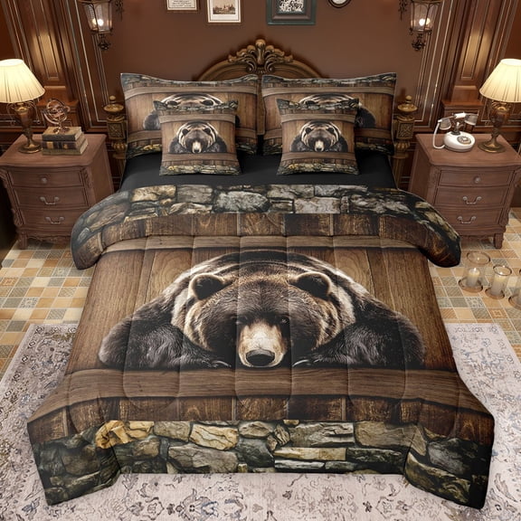 Castle Fairy Wildlife Bear Twin Bedding Sets 7-Piece for Teens Adults,Jungle Animal Bedding Comforter Set Microfiber,Vintage Cabin Aesthetic Breathable Sheet Sets,Lightweight Room Decor,Reversible
