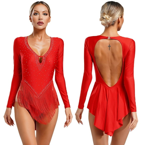 TiaoBug Women's Rhinestones Fringed Backless Bodyusit Latin Jazz Dance Leotard Tops Red M