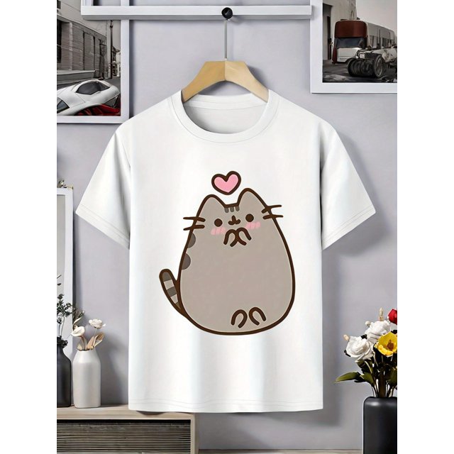 Adorable Cat Print Girls' T-Shirt - Soft & Comfy 95% Cotton Crew Neck Tee with Short Sleeves, Casual Summer Top for Youngsters, Pink with Gray Cat Design, Youngsters Summer Clothing | Cute Cat Design