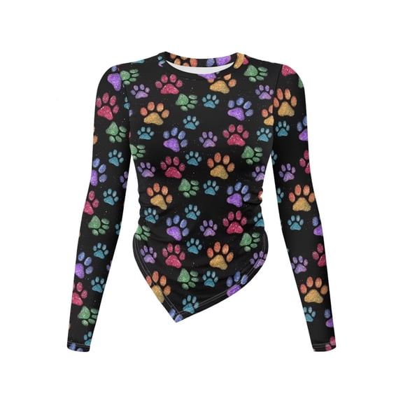Xoenoiee Colorful Dog Paw Print Women's Long Sleeve T Shirts Crew Neck Slim Fit Tops Dressy Ruched Basic Tee Y2k Going Out Shirts Irregular Hem Blouser, S
