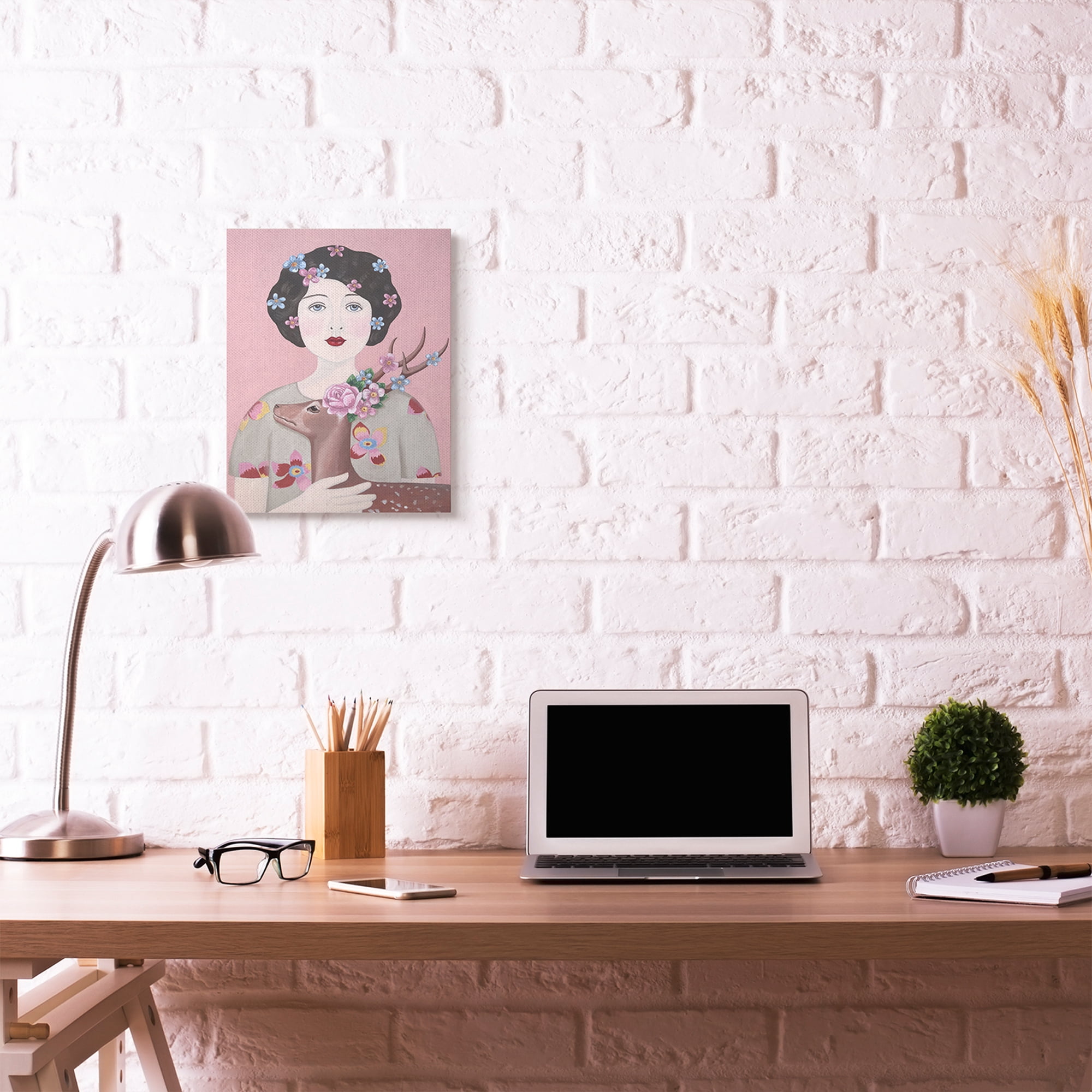 Stupell Home Décor Woman and Deer Pink Animal Painting Canvas Wall Art by Sally B