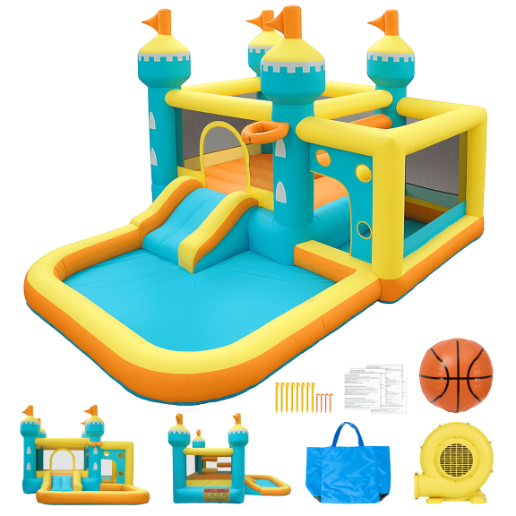 Entil Inflatable Bounce House with 5-in-1 Play Zones, Inflatable Castle Gift with Slide & Pool, FCC & CPC Certified, Blue/Yellow