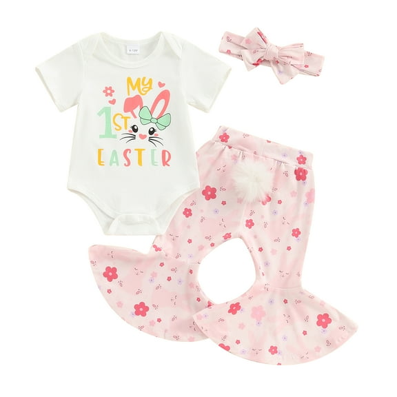 Bagilaanoe 3pcs Newborn Easter Outfits Baby Girl Pants Set Letter Print Short Sleeve Romper Tops Flare Trousers Headband 3M 6M 12M 18M Infant Casual Clothes