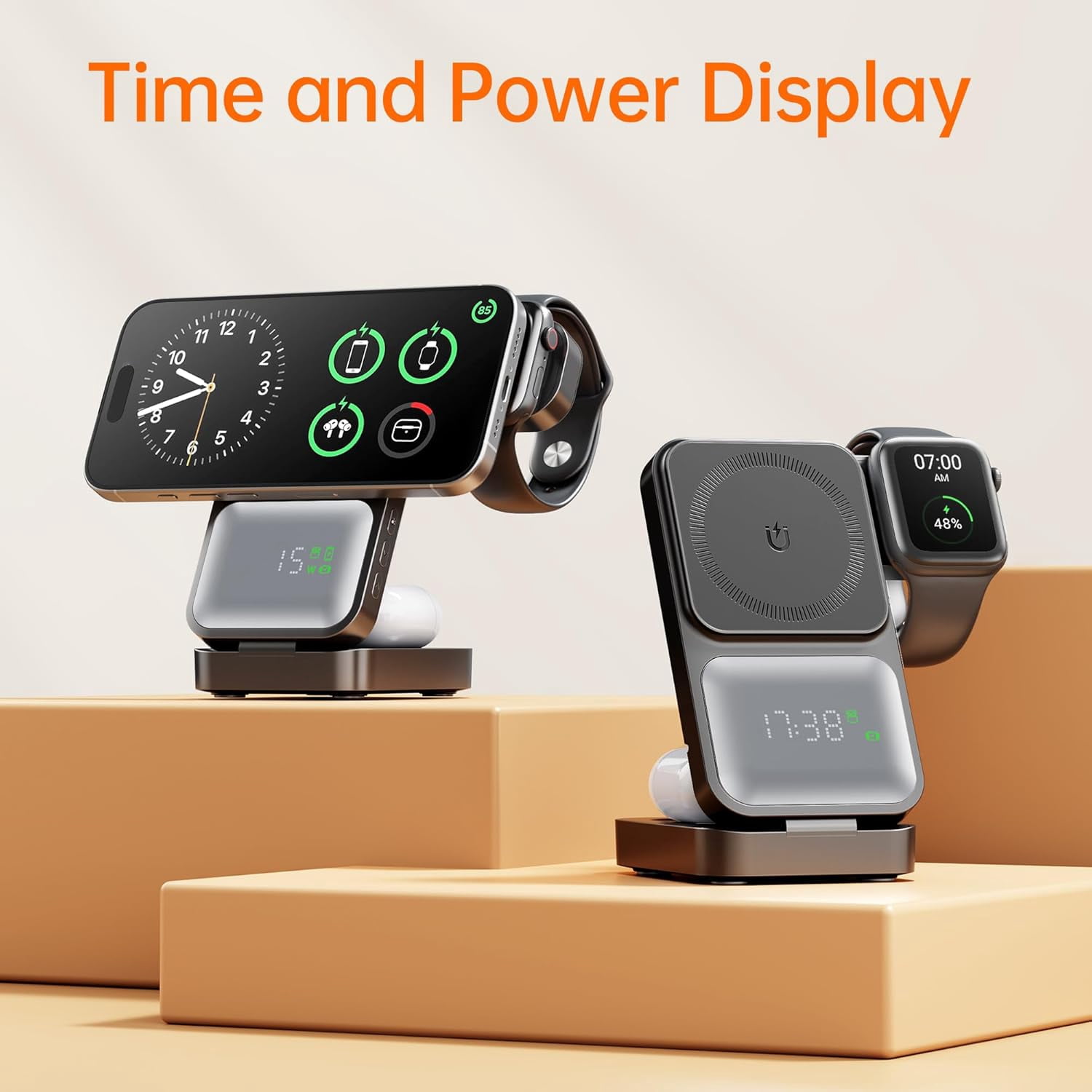MagTime 4-in-1 Charging Station, Foldable Wireless Charger Stand with Real-Time Power and Time Display, Compatible with iPhone 16/15/14/13 Series, Apple Watch 9, and AirPods (White)