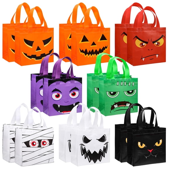 sixwipe 16PcsReusable Halloween Gift Bags with Handles, 7.9"x7.9"x3.5" Non-Woven Ghost Face Treat Tote Bags for Party Supplies Goodie Bags