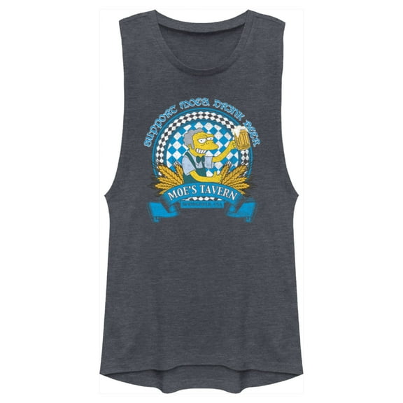 Junior's The Simpsons Support Moe's, Drink Beer  Festival Muscle Graphic Tee Denim Blue Heather Small