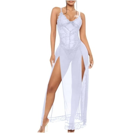 Xysaqa Women Sexy 2 Piece Outfits Lace Mesh Sheer Long Dress Strappy V Neck High Split Maxi Dresses with Thong Set Summer Savings White