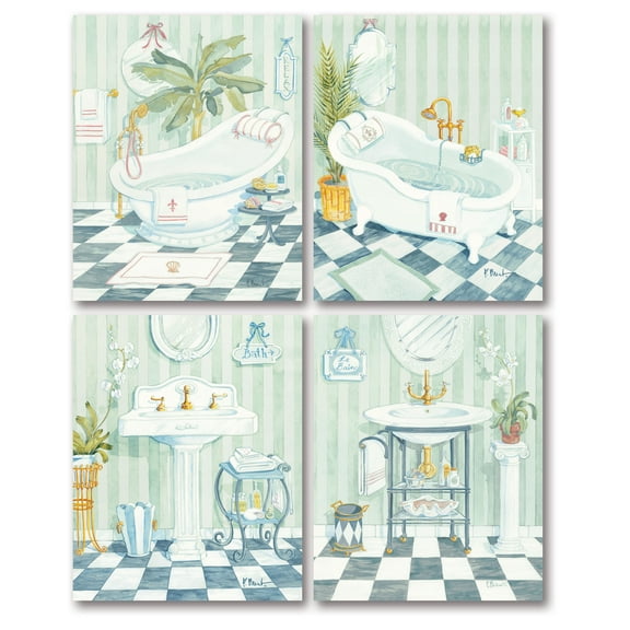 Gango Home Decor Green Classic Tub and Sink Bathroom Adult Wall Art; 4- 8" x 10" Unframed Portrait Prints