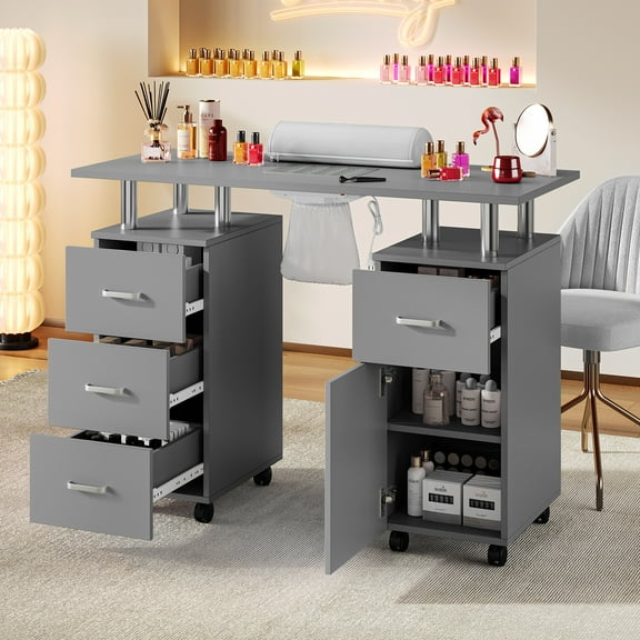 Nail Desk Station, 42.5 in Rolling Manicure Table, Mobile Nail Tech Desk with Dust Collector, 4 Drawers, 4 Wheels & Wrist Cushion, Professional Nail Tech Station Makeup Beauty Spa Salon Station