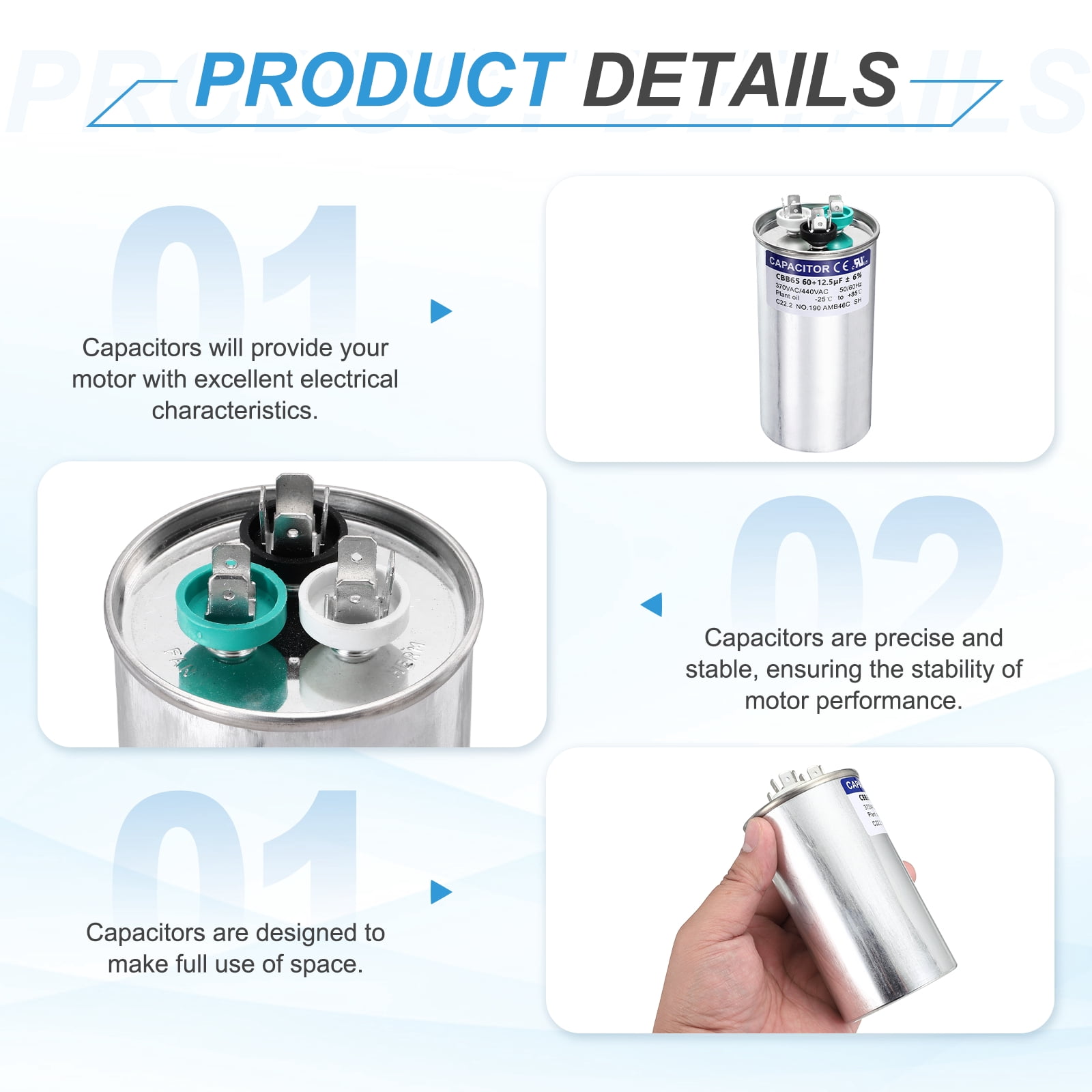 Uxcell 2Pcs 60+12.5MFD CBB65 Run Start Capacitor 60+12.5uF, 370/440V Round AC Capacitor for AC Motor Run, HVAC, Air Conditioner, Condenser Motors