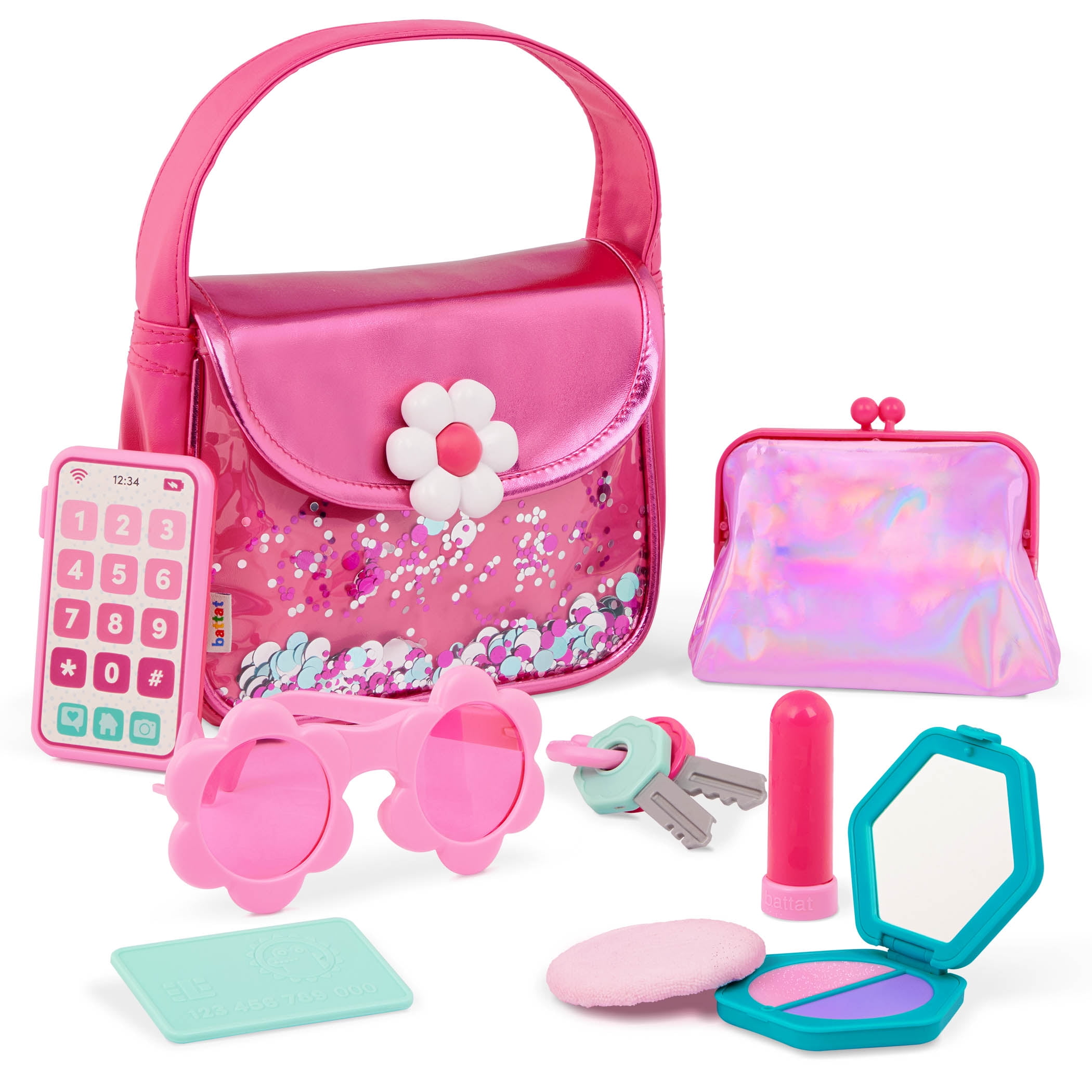 Sparkle Time Pink Purse Set with Phone Keys Card Makeup, Toddler and Preschool Toys by Battat, BATTAT PURSE SET